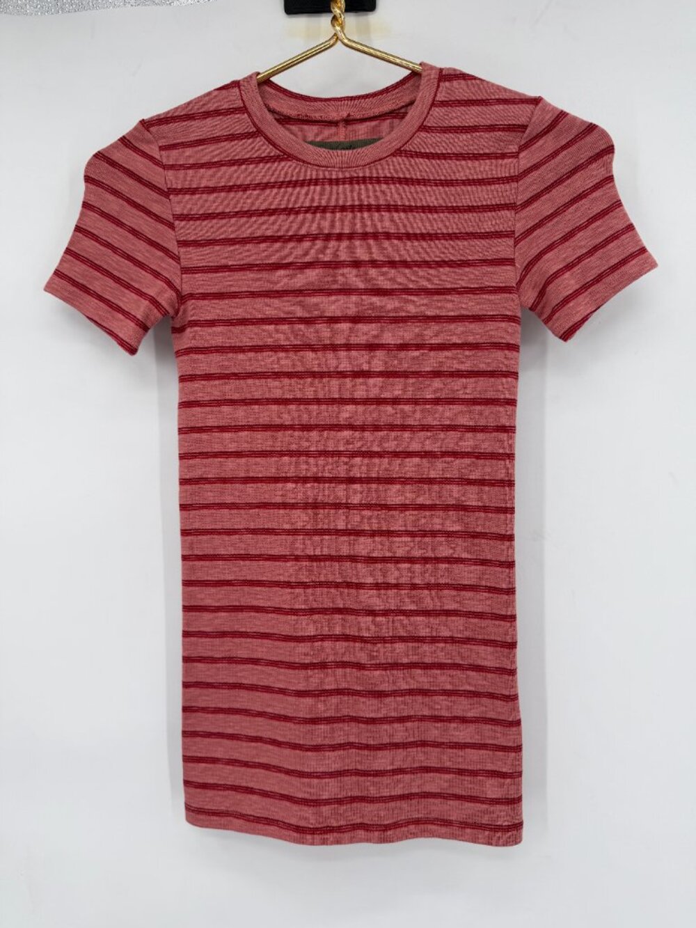 Enza Costa XS Pink Red Striped Rib Knit Fitted Tee Made in USA Short Sleeve